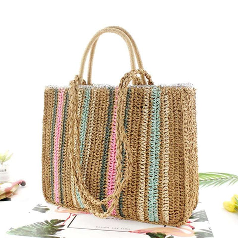 Bolsa Grande de Palha Artesanal Bloco de Cores Listrada Praia