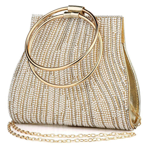 Bolsa Pequena com Cristais e Pérolas Alça de Metal
