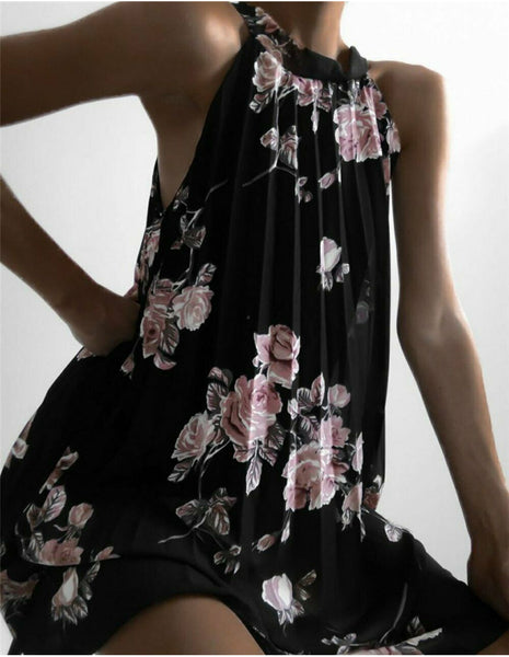 Vestido Midi Floral Solto Plissado Sem Mangas Gola Alta