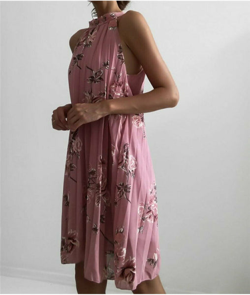 Vestido Midi Floral Solto Plissado Sem Mangas Gola Alta