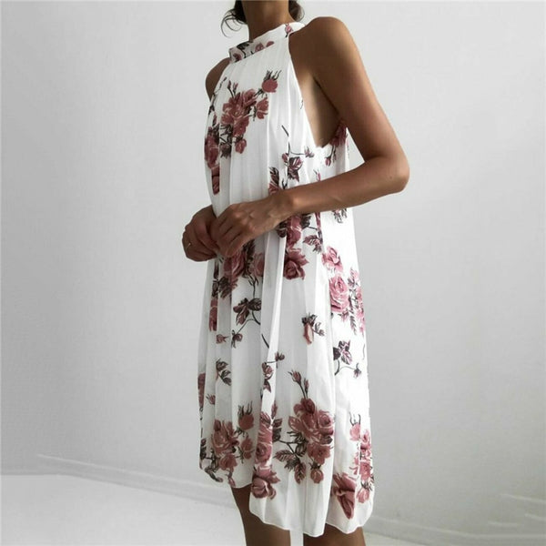 Vestido Midi Floral Solto Plissado Sem Mangas Gola Alta
