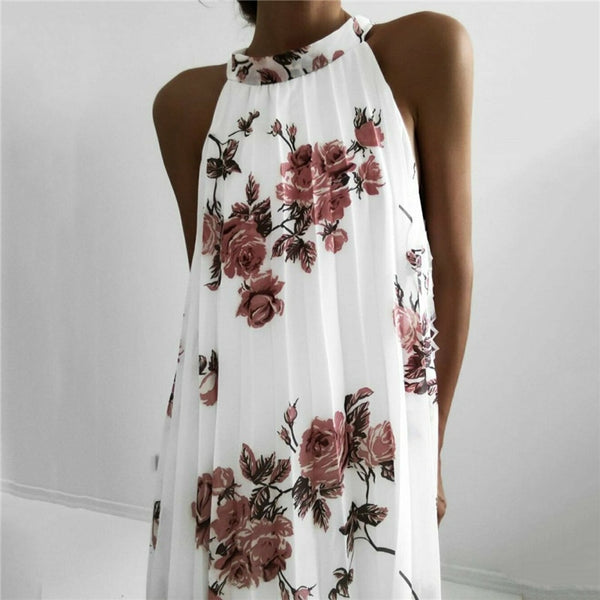 Vestido Midi Floral Solto Plissado Sem Mangas Gola Alta