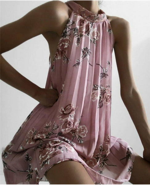 Vestido Midi Floral Solto Plissado Sem Mangas Gola Alta