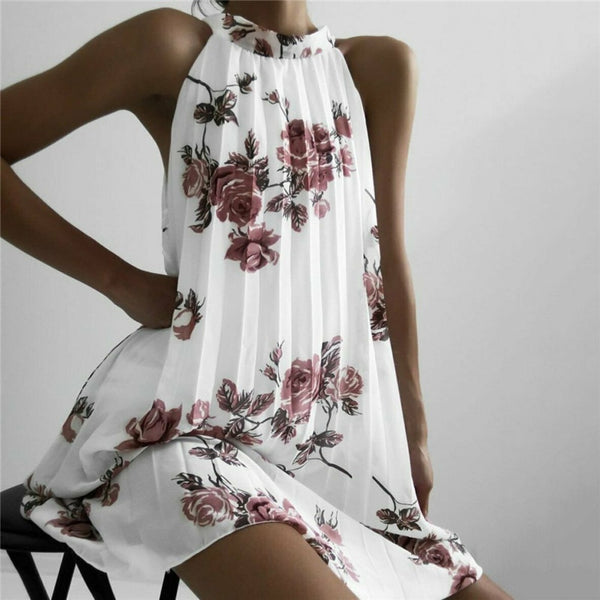 Vestido Midi Floral Solto Plissado Sem Mangas Gola Alta
