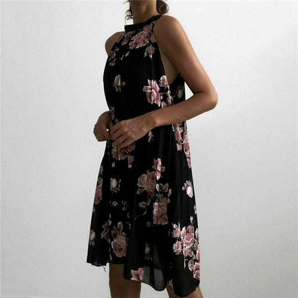 Vestido Midi Floral Solto Plissado Sem Mangas Gola Alta